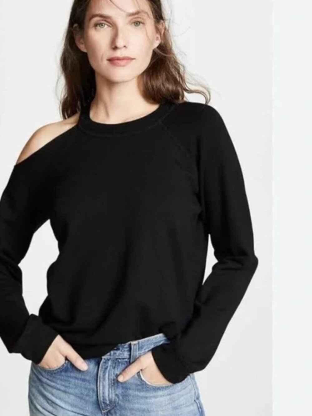 Monrow Slash Neck Cold Shoulder Sweatshirt Sz S